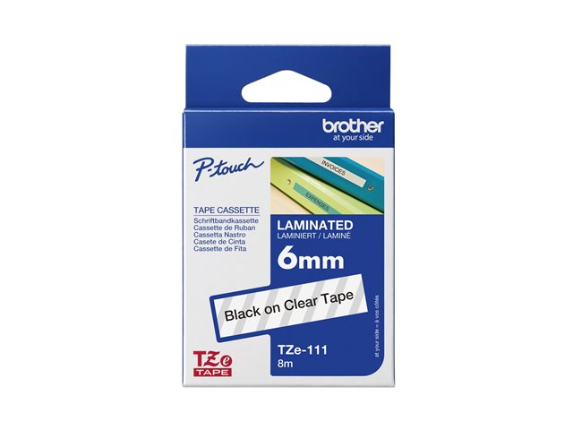elara TZE-111 LAMINATED TAPE 6MM 8M BLACK ON CLEAR