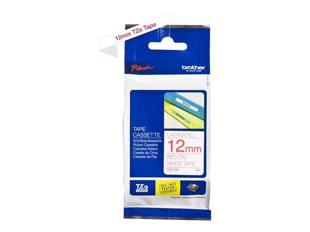 elara TZE-232 LAMINATED TAPE 12MM 8M RED ON WHITE