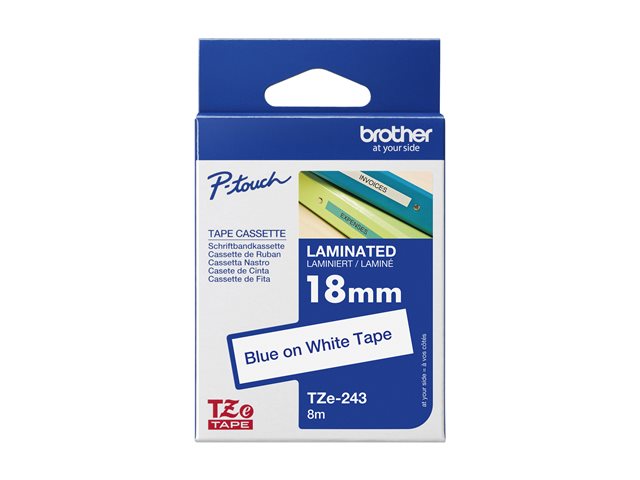 elara TZE-243 LAMINATED TAPE 18MM 8M BLUE ON WHITE