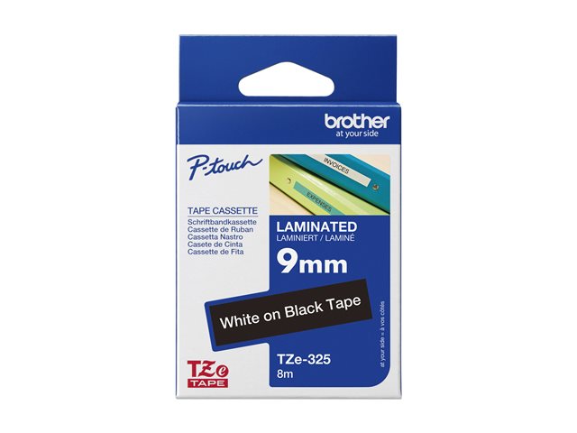 elara TZE-325 LAMINATED TAPE 9MM 8M WHITE ON BLACK