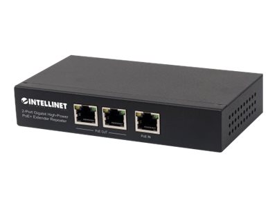 elara Intellinet 2-Port Gigabit High-Power PoE+ Extender Repeater IEEE 802.3at/af Power over Ethernet (PoE+/PoE) metal