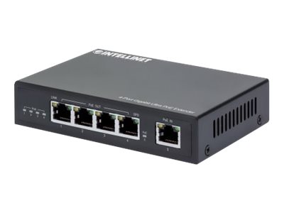 elara Intellinet 4-Port Gigabit Ultra PoE Extender Adds up to 100 m (328 ft.) to PoE Range 90 W PoE Power Budget Four PSE Ports with up to 30 W Output I