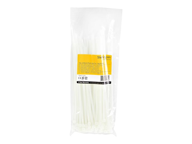Elara StarTech.com 10"(25cm) Cable Ties 1/8"(4mm) Wide 2-5/8"(68mm) Bundle Diameter 50lb(22kg) Tensile Strength Nylon Self Locking Zip Ties W/ Curved Ti