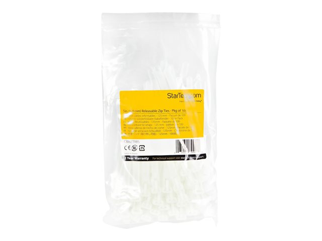 Elara StarTech.com 12cm(5") Reusable Cable Ties 7mm(1/4") Wide 30mm(1-1/8") Bundle Dia. 22kg(50lb) Tensile Strength Releasable Nylon Ties Indoor/Outdoor