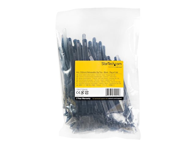 Elara StarTech.com 15cm(6") Reusable Cable Ties 7mm(1/4") Wide 35mm(1-3/8") Bundle Dia. 22kg(50lb) Tensile Strength Releasable Nylon Ties Indoor/Outdoor