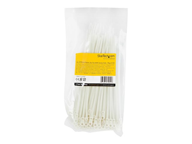 Elara StarTech.com 20cm(8") Cable Ties With Mounting Hole 4mm(1/8") Wide 52mm(2") Bundle Diameter 22kg(50lb) Tensile Strength Nylon 66 Self Locking Ties