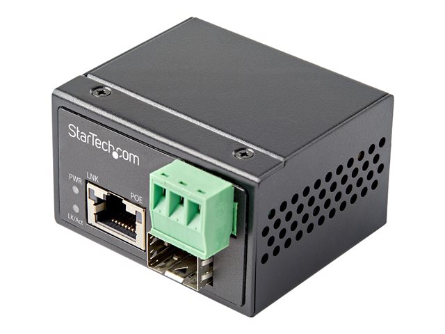 elara StarTech.com PoE+ Industrial Fiber to Ethernet Media Converter 30W SFP to RJ45 Singlemode/Multimode Fiber Optic to Copper Gigabit Ethernet Mini/Com