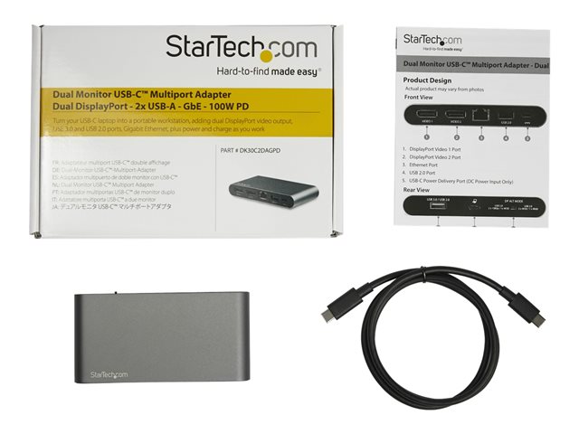 Elara StarTech.com USB C Dock 4K Dual Monitor DisplayPort Mini Laptop Docking Station 100W Power Delivery Passthrough GbE 2-Port USB-A Hub USB Type-C