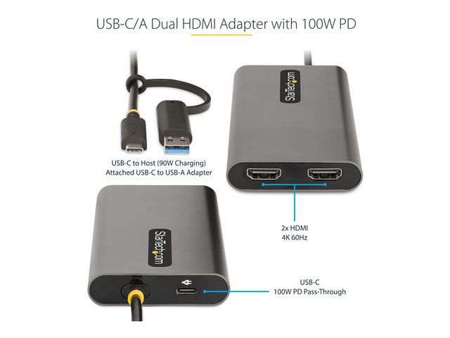 Elara StarTech.com USB-C To Dual-HDMI Adapter USB-C Or A To 2x HDMI 4K 60Hz 100W PD Pass-Through 1ft (30cm) Built-in Cable External Video Graphics Adap