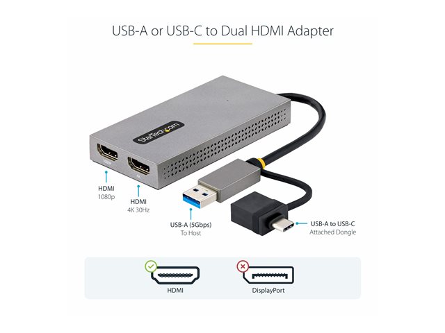Elara StarTech.com USB To Dual HDMI Adapter USB A/C To 2x HDMI Monitors (1x 4K 30Hz 1x 1080p) Integrated USB-A To C Dongle 4in/11cm Cable Windows & Mac