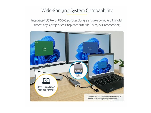 Elara StarTech.com USB To Dual HDMI Adapter USB A/C To 2x HDMI Monitors (1x 4K 30Hz 1x 1080p) Integrated USB-A To C Dongle 4in/11cm Cable Windows & Mac