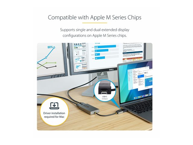 Elara StarTech.com USB To Dual HDMI Adapter USB A/C To 2x HDMI Monitors (1x 4K 30Hz 1x 1080p) Integrated USB-A To C Dongle 4in/11cm Cable Windows & Mac