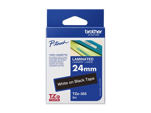 elara TZE-355 LAMINATED TAPE 24MM 8M WHITE ON BLACK
