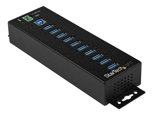 elara StarTech.com 10 Port USB Hub with Power Adapter Surge Protection Metal Industrial USB 3.0 Data Transfer Hub Din Rail Wall or Desk Mountable High