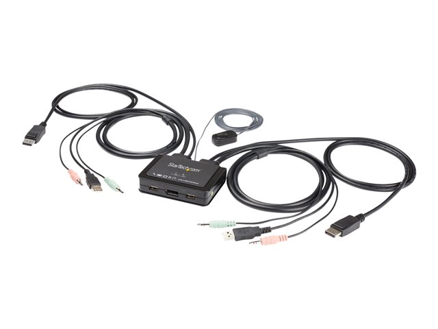 elara StarTech.com 2 Port DisplayPort KVM Switch 4K 60Hz Compact Dual Port UHD DP 1.2 USB Desktop KVM Switch w/ Integrated 4ft Cables & Audio Bus Powered