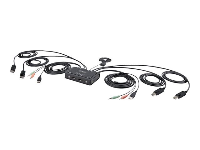 elara StarTech.com 2-Port Dual-Monitor DisplayPort Cable KVM Switch 4K 60Hz Compact KVM with 5ft/1.5m USB-A/DisplayPort/Audio Integrated Cables Bus Power