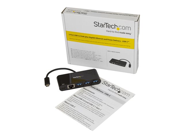 Elara StarTech.com 3 Port USB-C Hub With Gigabit Ethernet & 60W Power Delivery Passthrough Laptop Charging USB-C To 3x USB-A (USB 3.0 SuperSpeed 5Gbps) US
