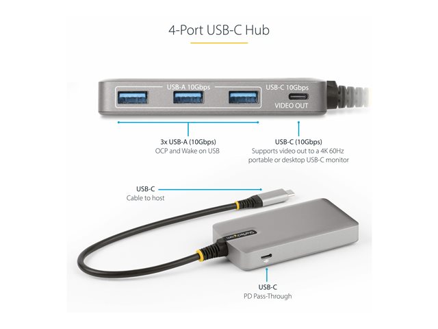 Elara StarTech.com 4-Port USB-C Hub With USB-C DP Alt Mode Video Output 4K 60Hz 3x USB-A 1x USB-C 100W Power Delivery Pass-Through USB 3.2 Gen 2 (10Gbps