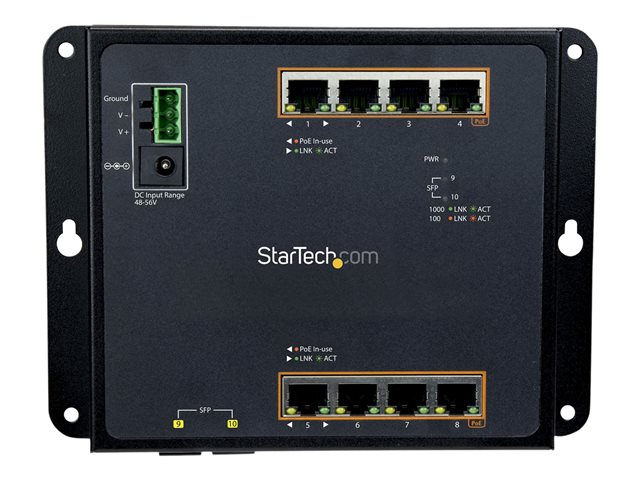 Elara StarTech.com Industrial 8 Port Gigabit PoE+ Switch With 2 SFP MSA Slots 30W Layer/L2 Switch Hardened GbE Managed Rugged High Power Gigabit Ethernet